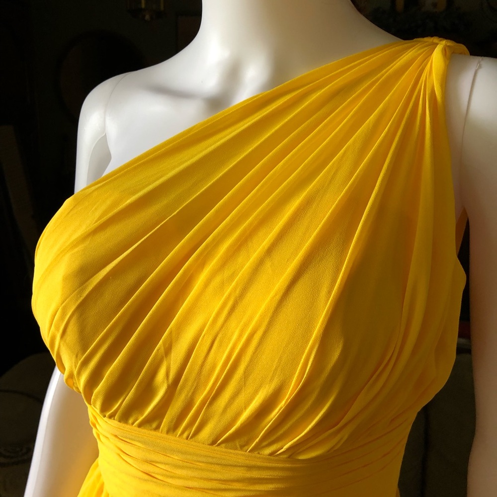 AW. BRIDAL Sz 0. Golden Yellow One Shoulder Floor Length Gown. - Picture 8 of 15